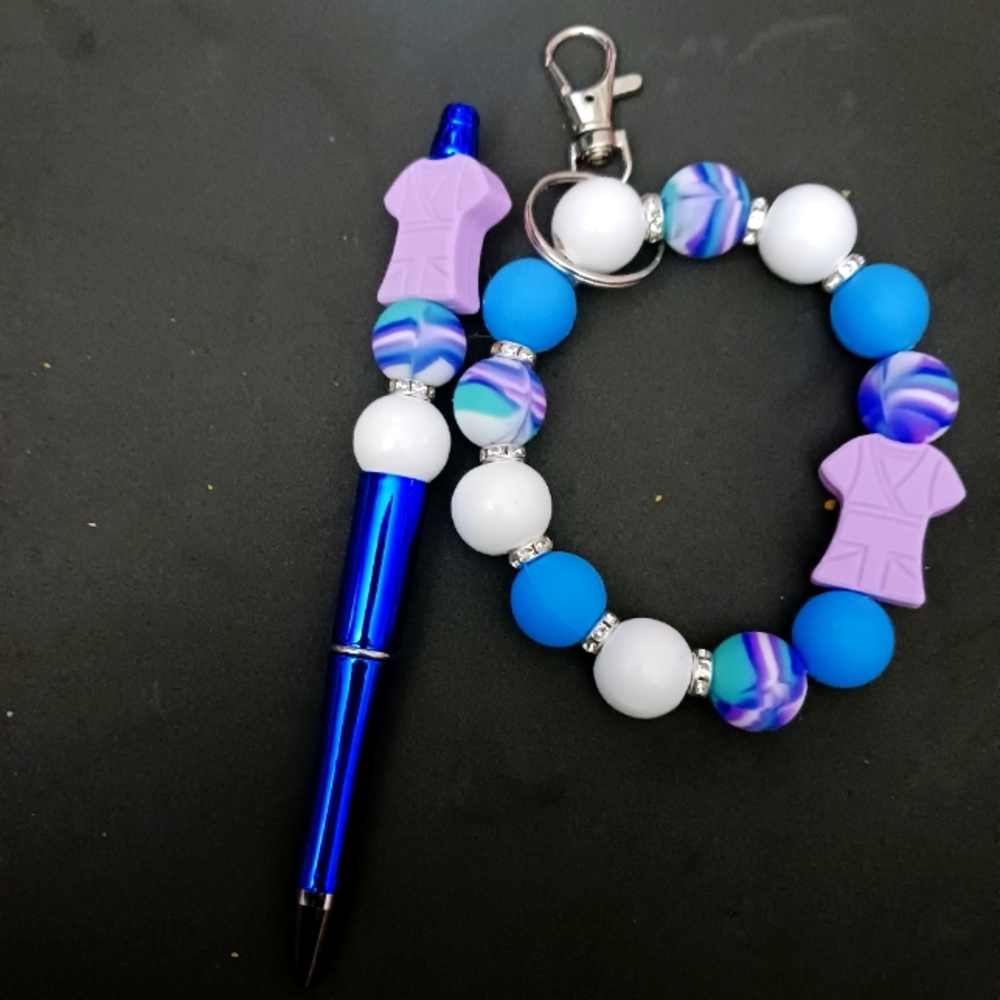 Wristlet Keychain with pen set, with purple scrub uniform shirt focal beads